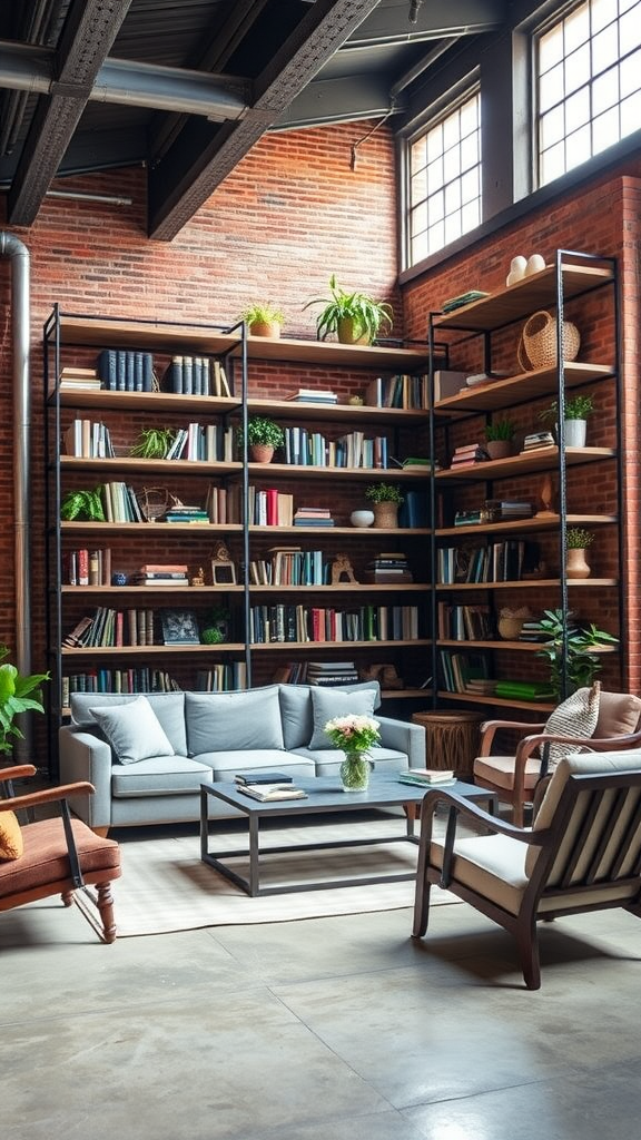 An industrial living room featuring a large bookcase filled with books and plants, a cozy sofa, and a coffee table.