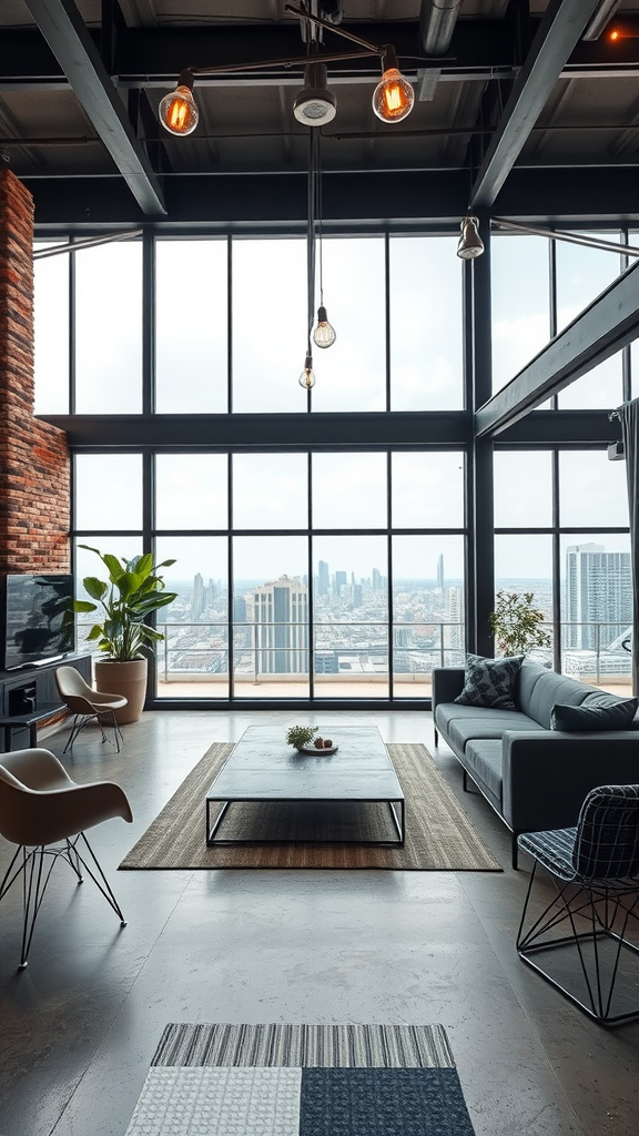 Industrial living room featuring a large glass wall with city skyline views, brick and metal finishes, cozy seating, and potted plants.