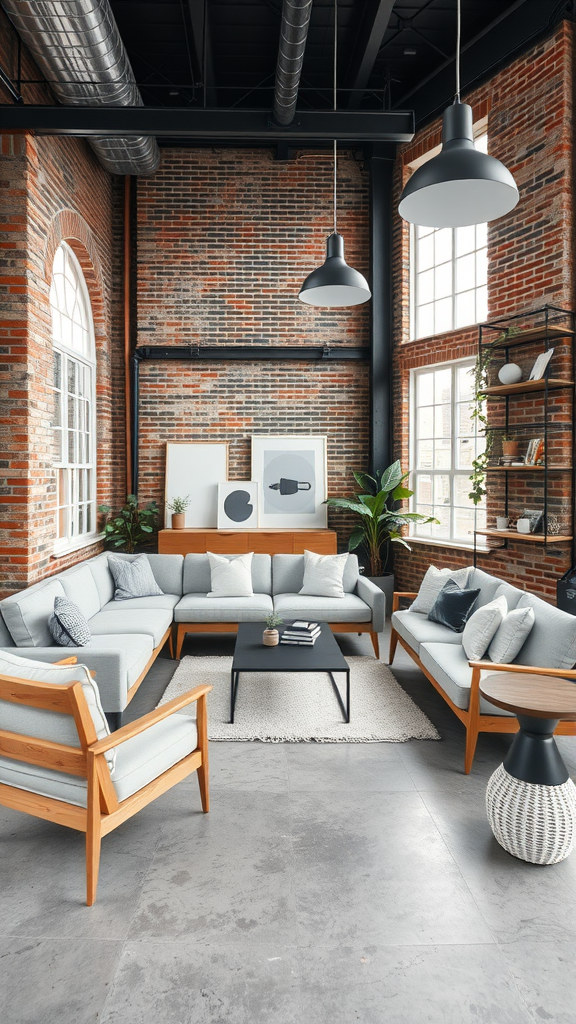 A modern industrial living room featuring exposed brick walls, a cozy sectional sofa, Scandinavian-style furniture, and contemporary decor.