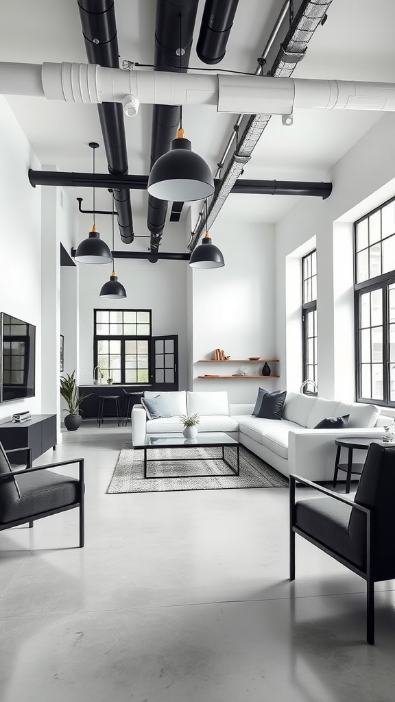 Industrial living room with black and white theme, featuring exposed pipes, large windows, and modern furniture.