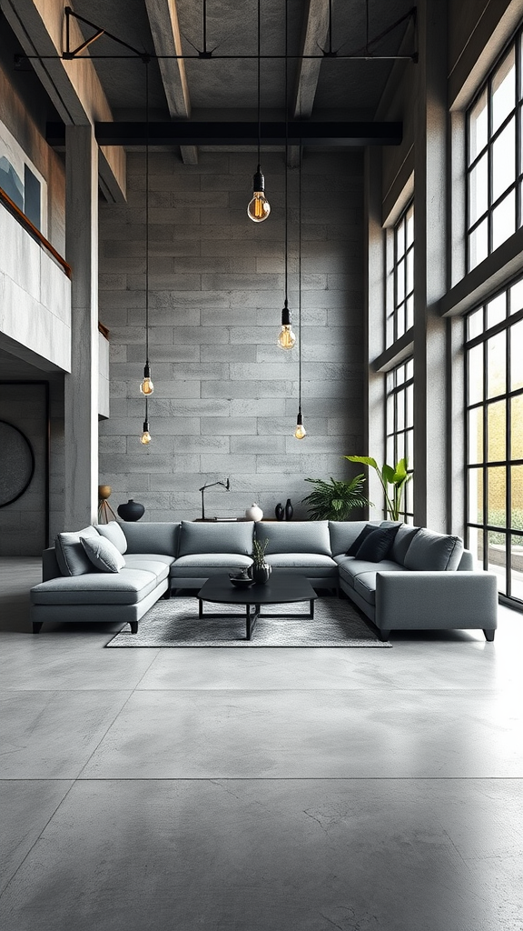 A stylish industrial living room featuring concrete accents and a large sectional sofa.