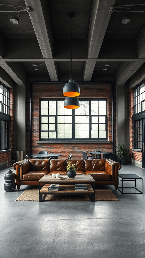 Industrial living room featuring a concrete ceiling, leather sofa, and large windows.