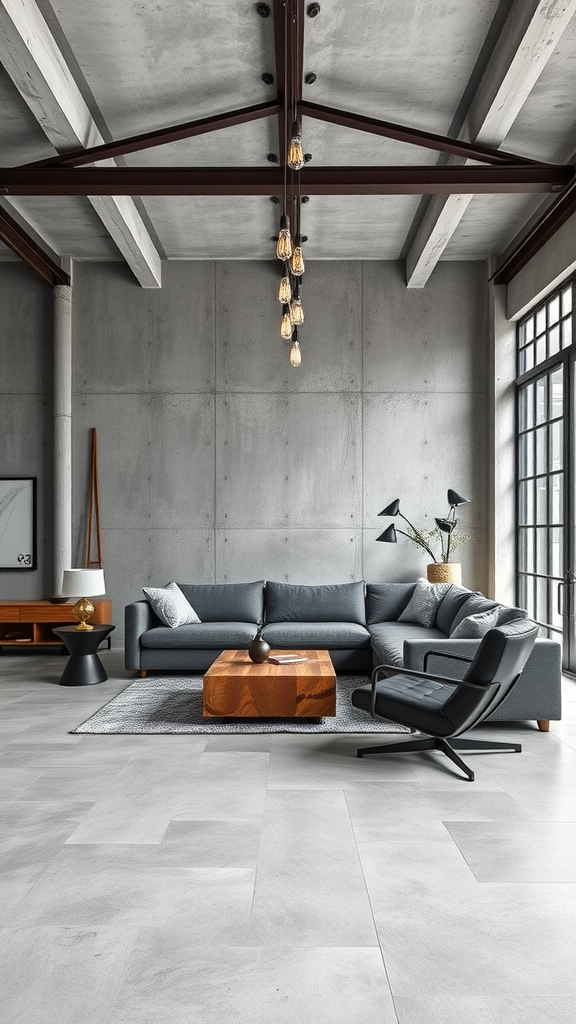 A stylish industrial living room featuring concrete walls, a gray sectional sofa, a wooden coffee table, and pendant lighting.