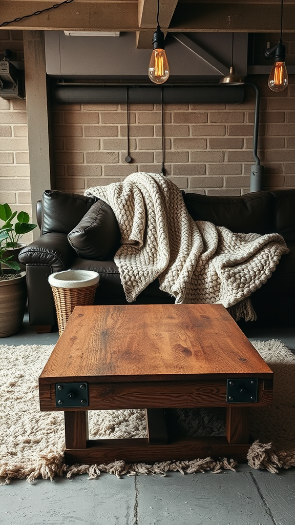 Cozy industrial living room with leather sofa and knitted throw blanket