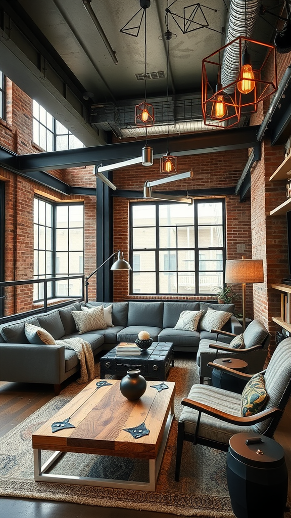 Stylish industrial living room with custom geometric lighting and rustic furniture.