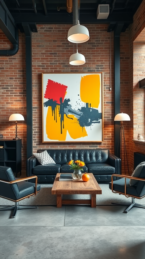 An industrial living room featuring a large colorful art piece on a brick wall, a black leather sofa, metal-framed chairs, and a wooden coffee table.