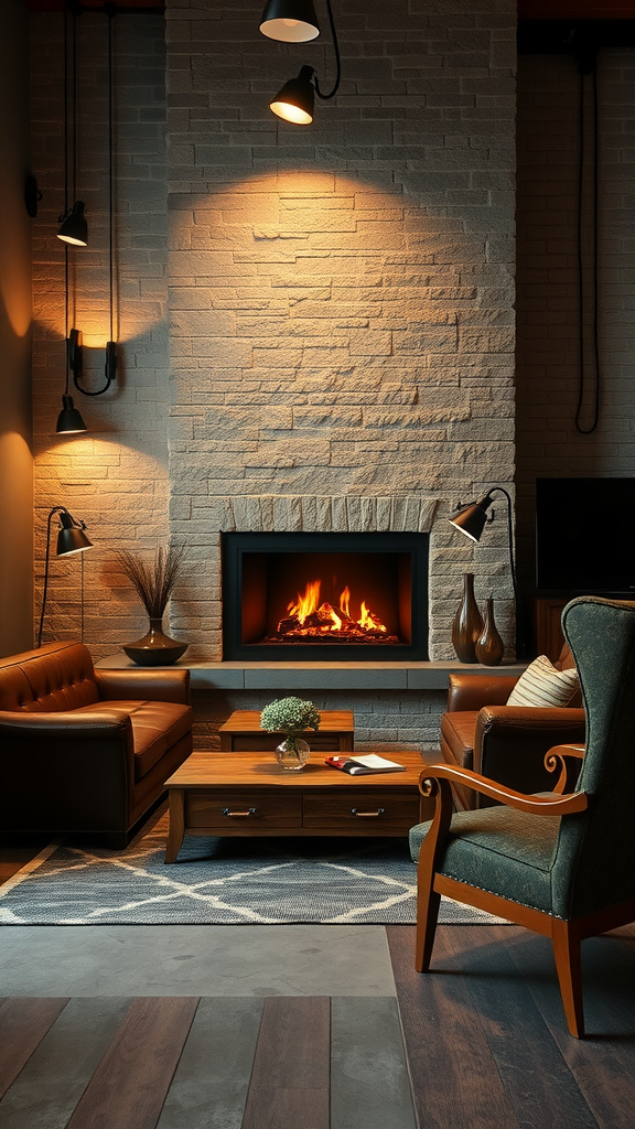 An industrial living room featuring a large fireplace, leather sofas, and warm lighting.