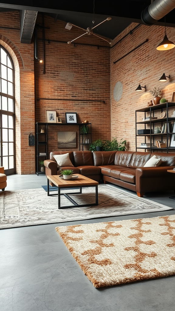 A stylish industrial living room featuring brown leather furniture, large patterned rugs, and exposed brick walls.