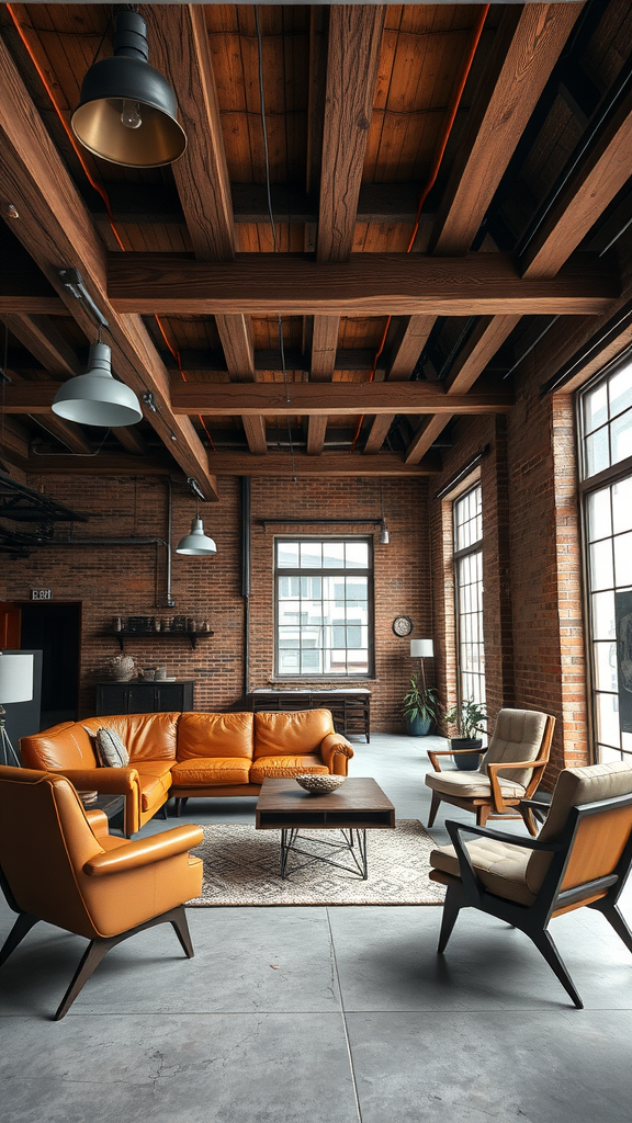 Industrial living room featuring large wooden beams, leather furniture, and large windows.