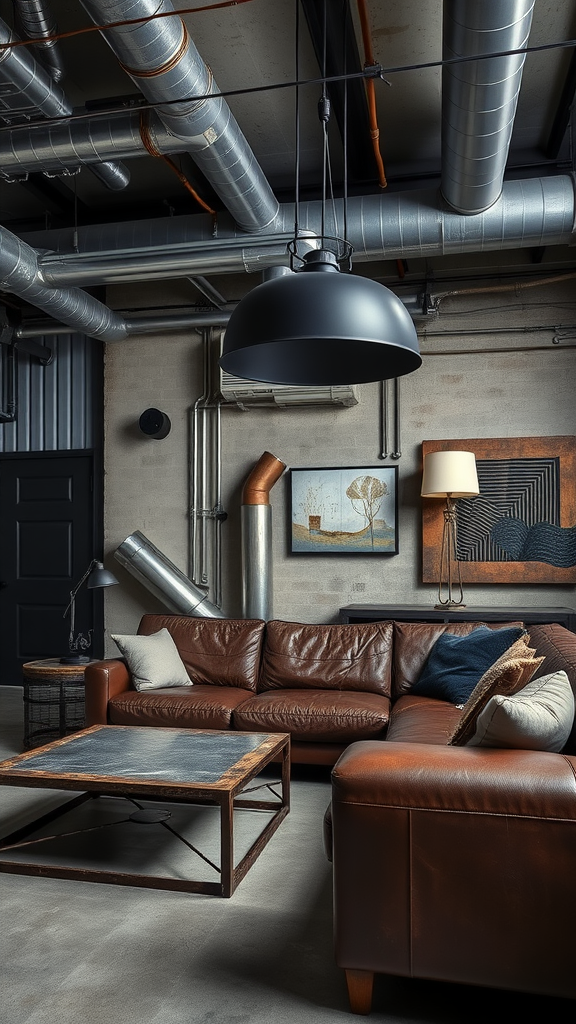 Industrial living room featuring a leather sofa, metal accents, and artistic decor.