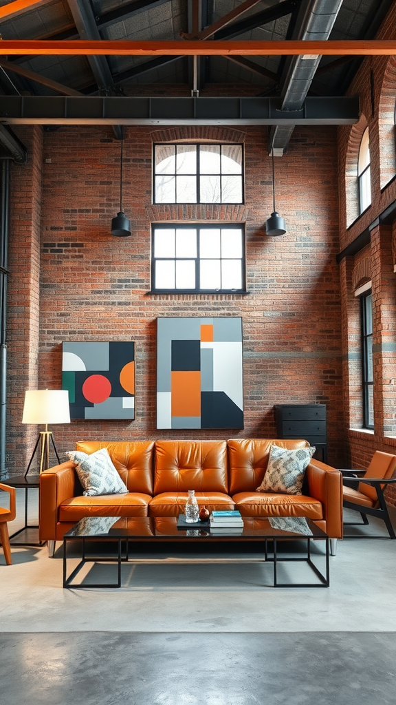 Industrial living room featuring an orange leather sofa, abstract wall art, and exposed brick walls