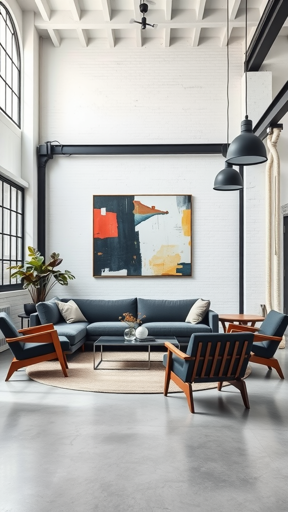 An industrial-style living room featuring modern artwork, a comfortable sofa, stylish chairs, and large windows.