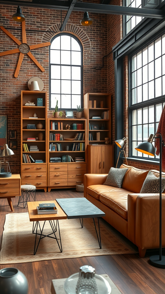 An industrial living room featuring natural wood furniture, a leather sofa, and exposed brick walls.