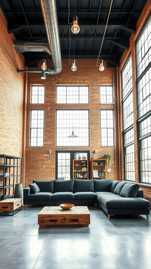 An industrial style living room featuring exposed brick walls, large windows, a dark sectional sofa, and a wooden coffee table.