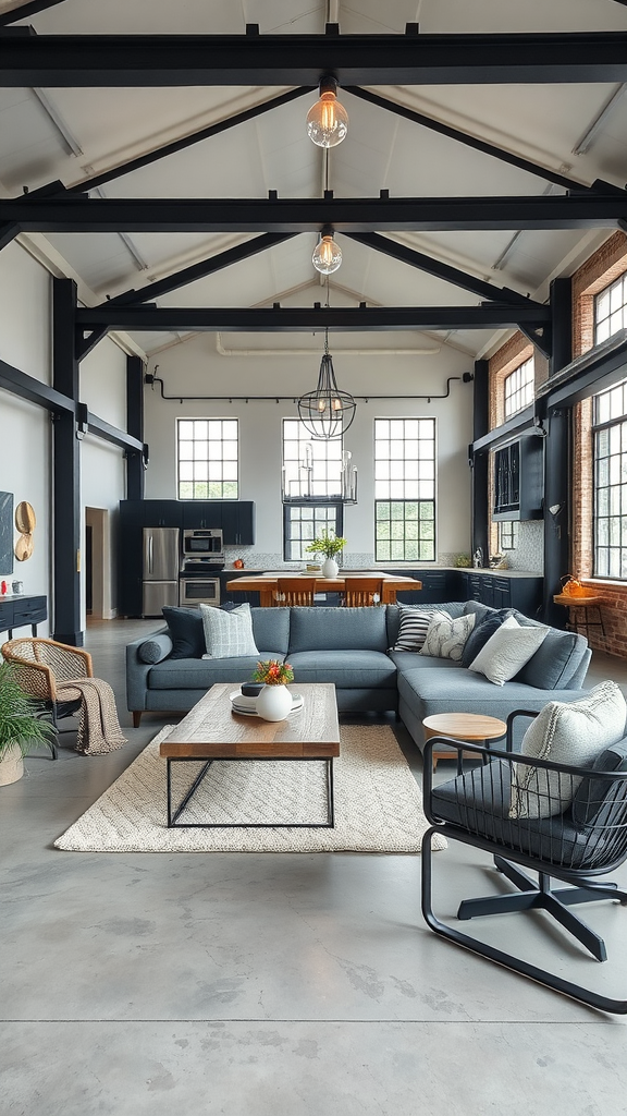 A spacious industrial living room featuring an open floor plan, modern furniture, and large windows.