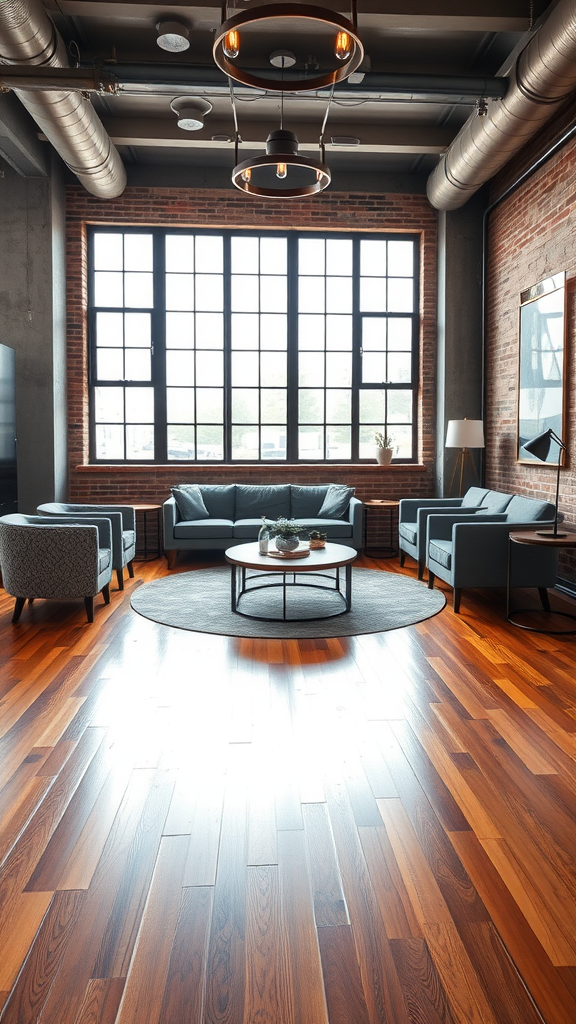 An industrial living room featuring polished hardwood floors, large windows, and minimalistic furniture.