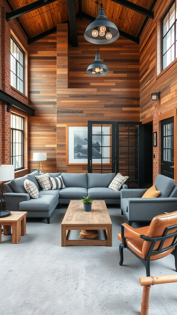 A cozy industrial living room with reclaimed wood walls, gray sectional sofa, and wooden furniture.