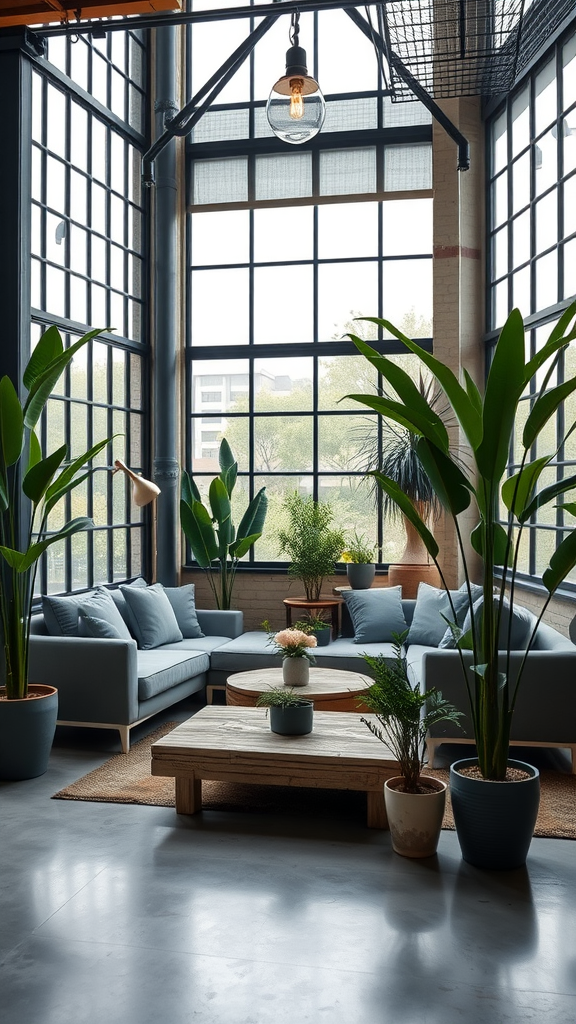 An industrial living room featuring tall greenery, large windows, and minimalistic furniture.