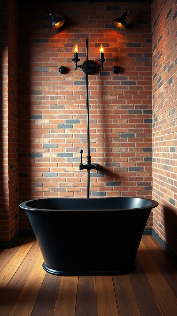 Industrial loft bathroom featuring a black freestanding bathtub against a brick wall, with warm lighting.