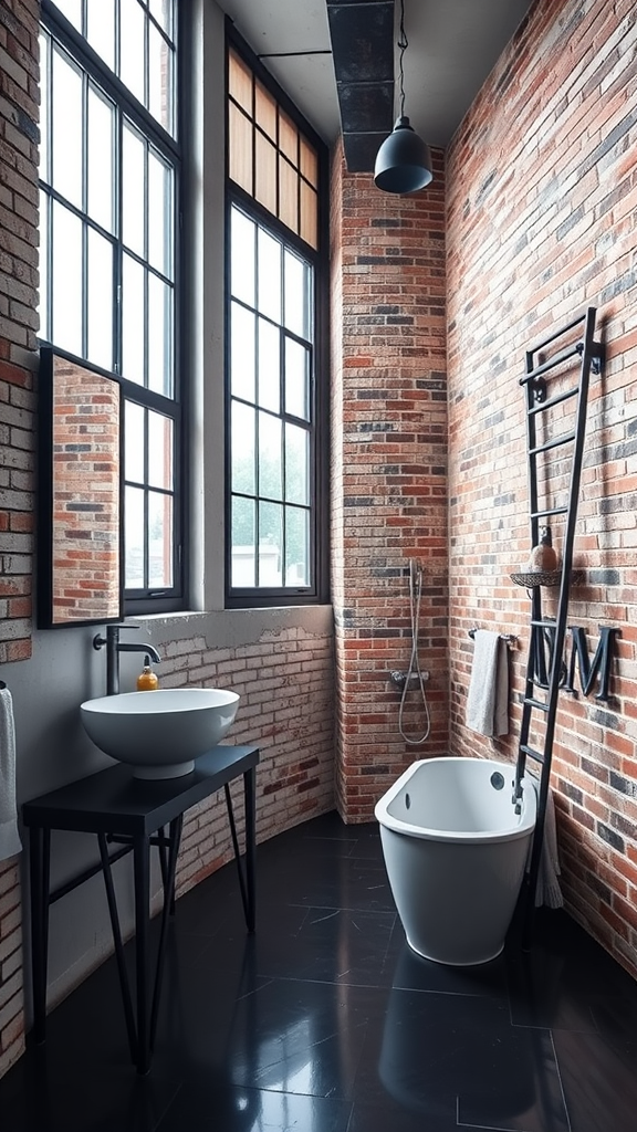 An industrial loft bathroom featuring exposed brick walls, a steel-framed mirror, a modern wash basin on a black table, and a freestanding bathtub.