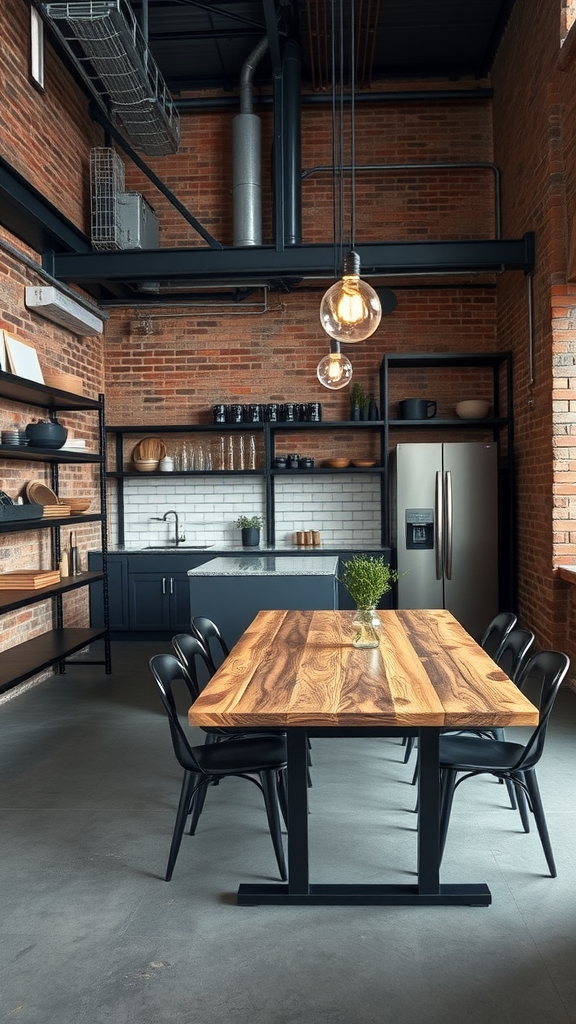 Industrial loft kitchen and dining area featuring a wooden table, black chairs, exposed brick walls, and modern lighting.