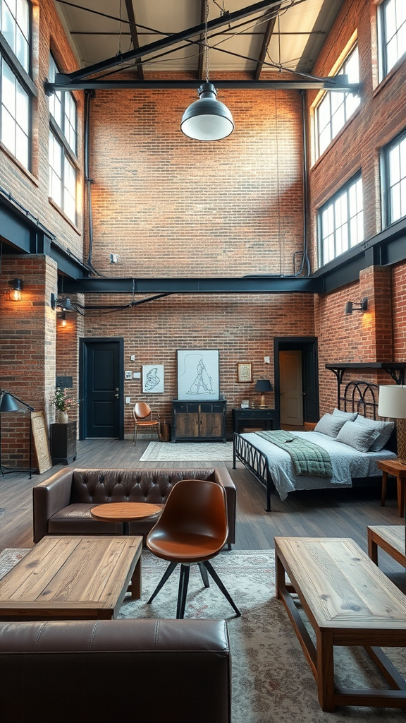 A stylish industrial loft living room and bedroom combo featuring exposed brick walls, large windows, and cozy furniture.