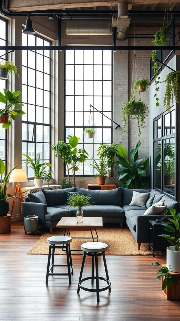 Industrial loft living room featuring large windows, a gray sectional sofa, and various plants.