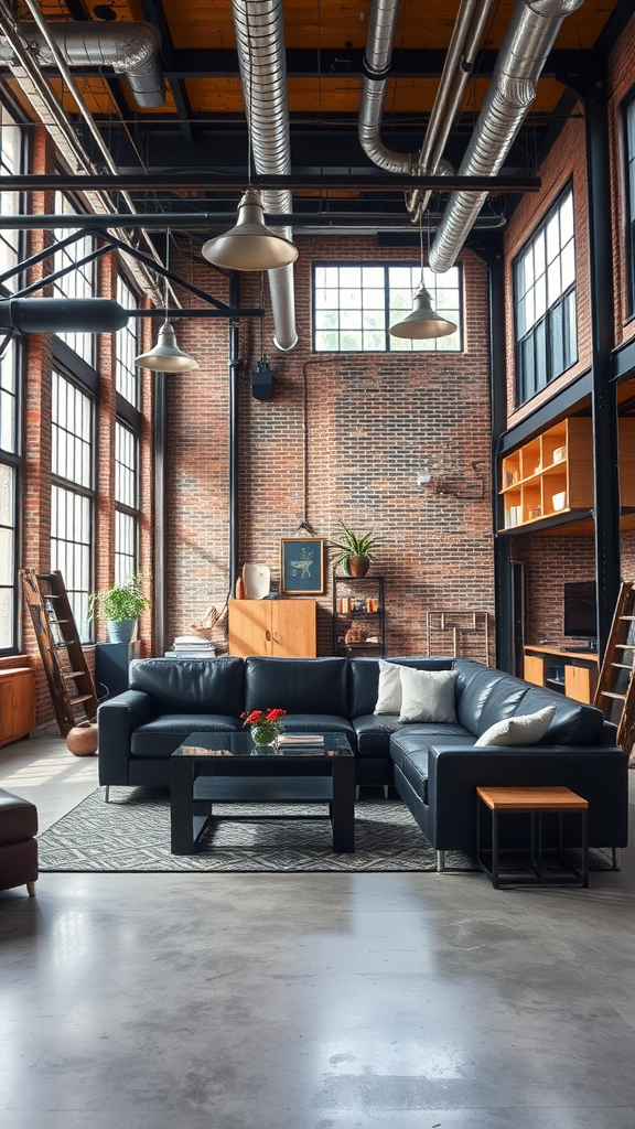 A spacious industrial living room featuring exposed brick walls, large windows, a black leather sofa, and a glass coffee table.