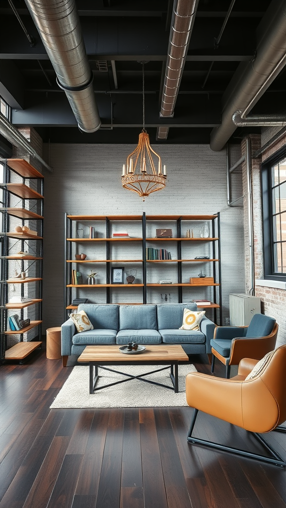 An industrial-style living room with open shelving, a blue sofa, and modern decor.