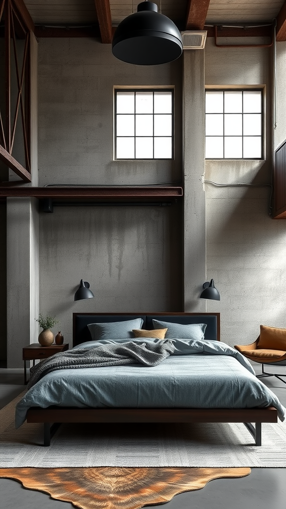 A modern bedroom with industrial design elements, featuring a bed with soft linens, concrete walls, and black lighting fixtures.