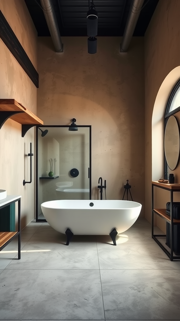 A modern industrial bathroom with a freestanding bathtub, glass shower, and wooden shelves.