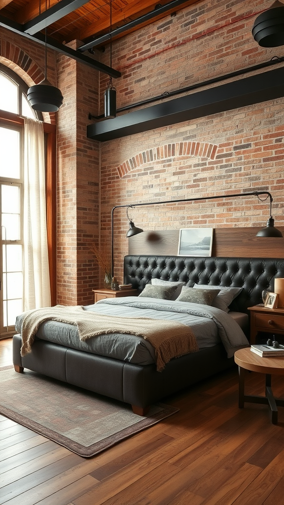 A modern rustic bedroom featuring exposed brick walls, a plush tufted bed, and warm wooden accents.