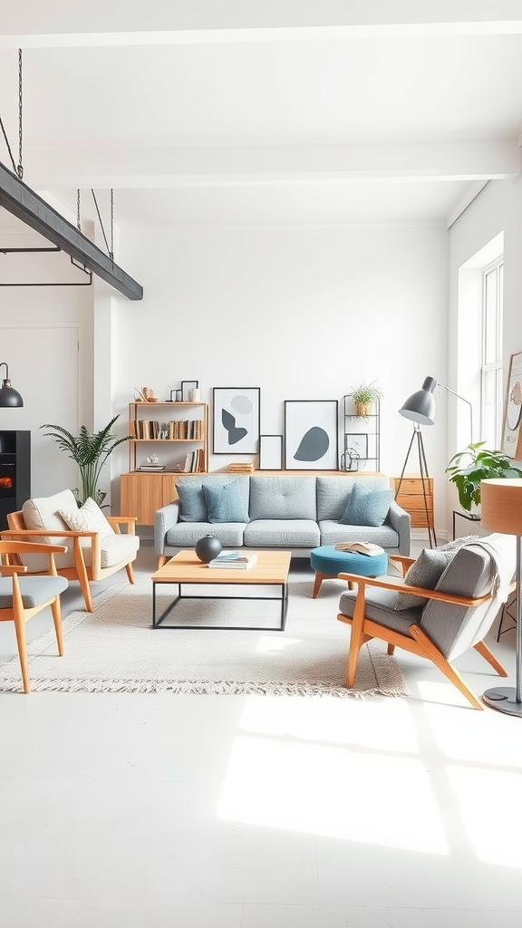 A stylish industrial Scandinavian living room featuring a light color palette and modern furniture.