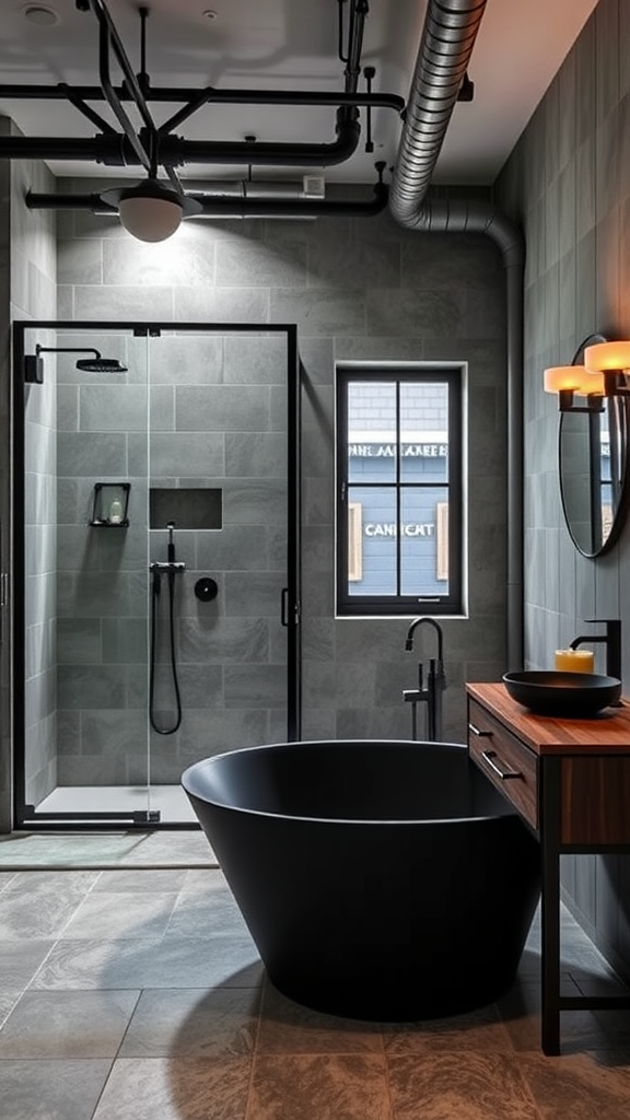 Industrial spa bathroom featuring a black freestanding tub and a steam shower with glass enclosure.