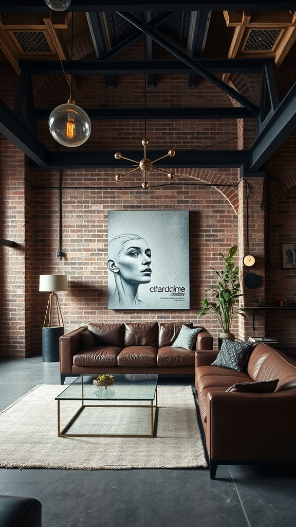 An industrial Spanish living room featuring exposed brick walls, leather sofas, a glass coffee table, and modern lighting fixtures.