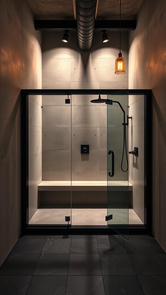 Industrial steam room bathroom with glass enclosure, concrete walls, and warm pendant lighting