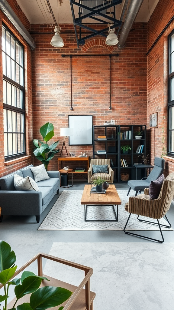 A stylish industrial living room featuring exposed brick walls, modern furniture, and large windows.