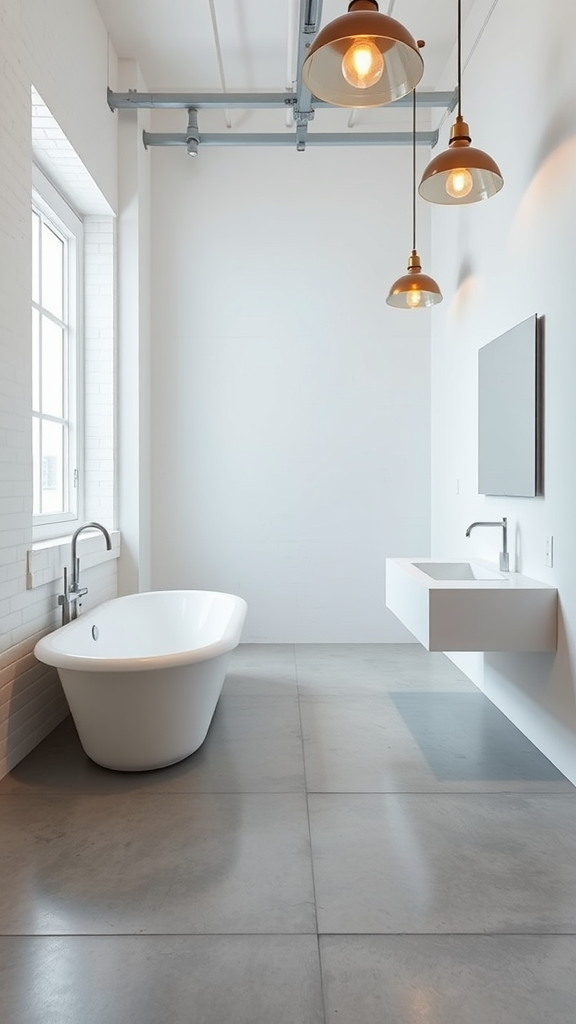 A minimalist bathroom with a freestanding bathtub, wall-mounted sink, and industrial lighting.