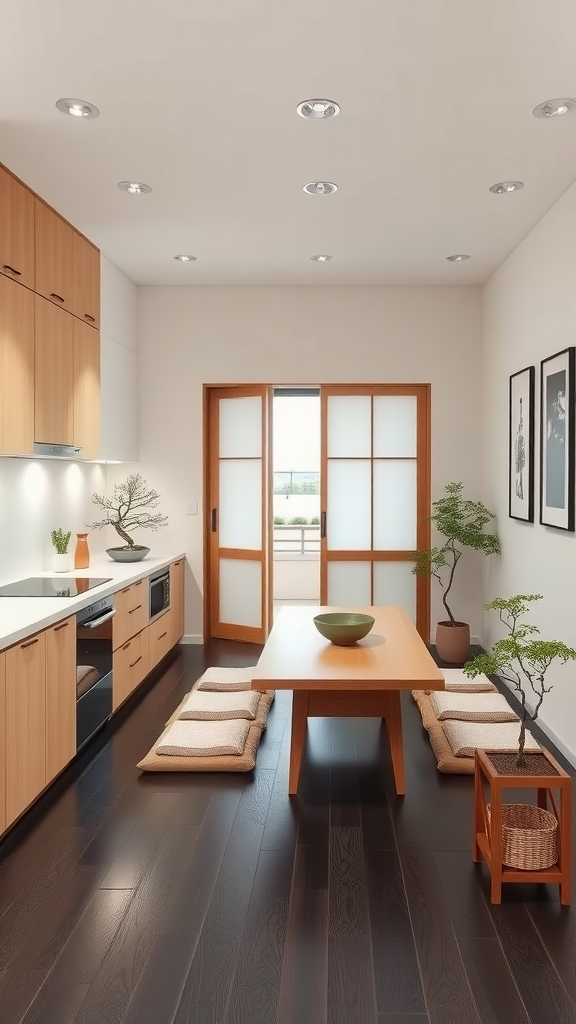 A Japanese-inspired kitchen and dining area featuring wooden cabinetry, a central dining table with cushions, and natural plants.