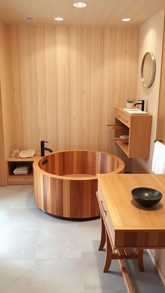 A minimalist Japanese Zen bathroom featuring a wooden tub, wooden walls, and simple decor.