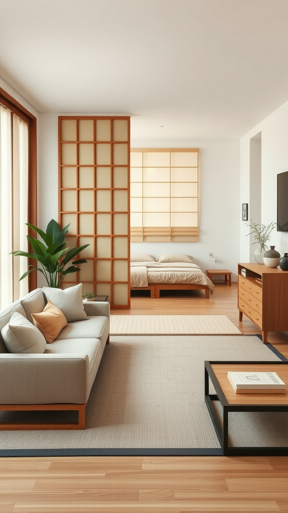 Japanese Zen living room-bedroom combo featuring a sofa, wooden partition, and a low bed in a serene environment.