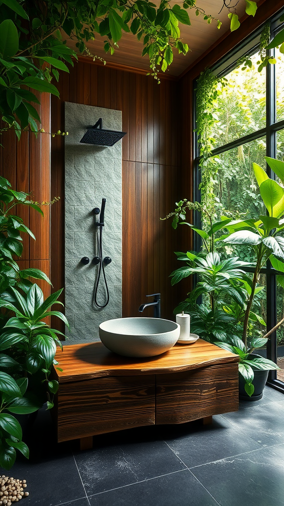 A jungle-inspired bathroom featuring wooden walls, lush green plants, a stone shower panel, and a unique wooden vanity with a round sink.