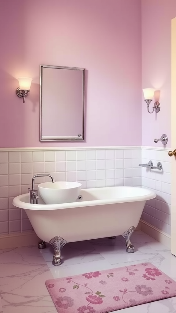 A stylish 70s bathroom featuring lavender walls, chrome fixtures, a freestanding bathtub, and floral accents.