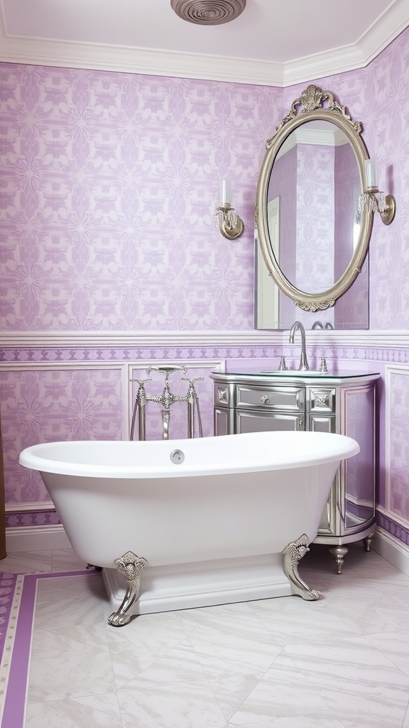 A stylish Art Deco bathroom featuring lavender wallpaper, a white clawfoot bathtub, a silver vanity, and marble flooring.