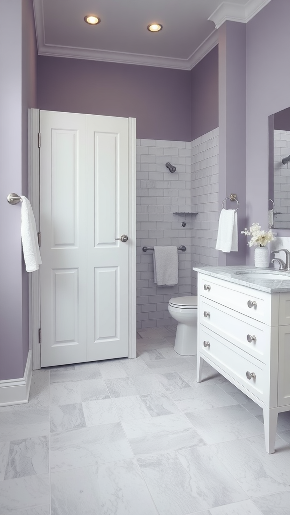 A modern bathroom featuring lavender gray walls and white fixtures, showcasing elegance and tranquility.