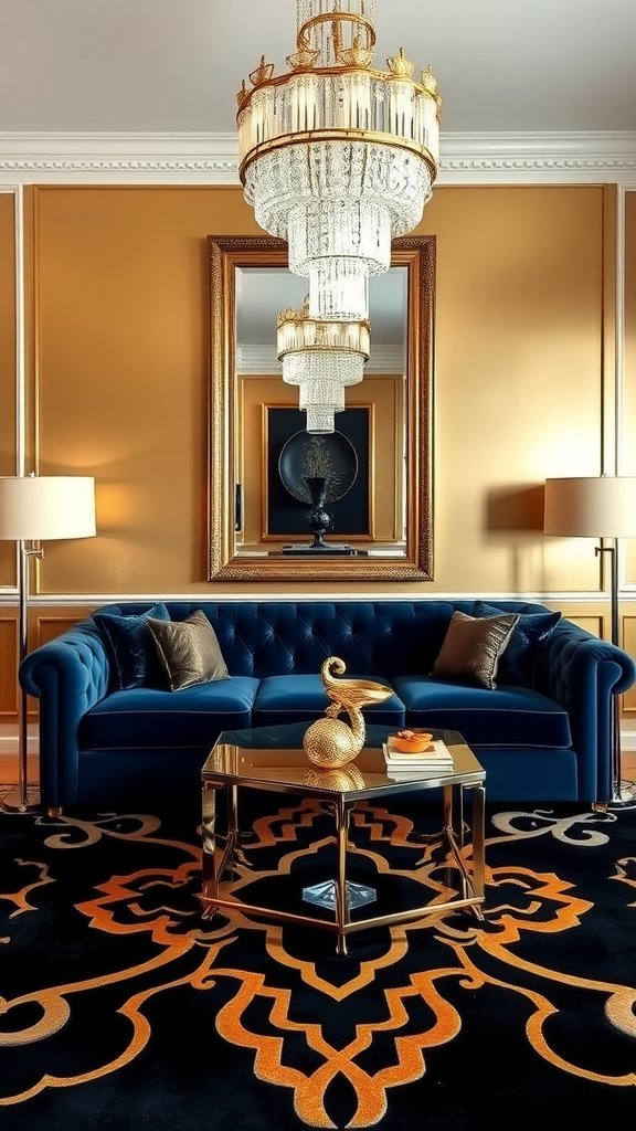 A luxurious Art Deco living room featuring a crystal chandelier, blue couch, gold coffee table, and a bold rug.