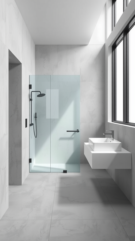 A minimalist bathroom featuring light concrete walls and a glass shower enclosure.