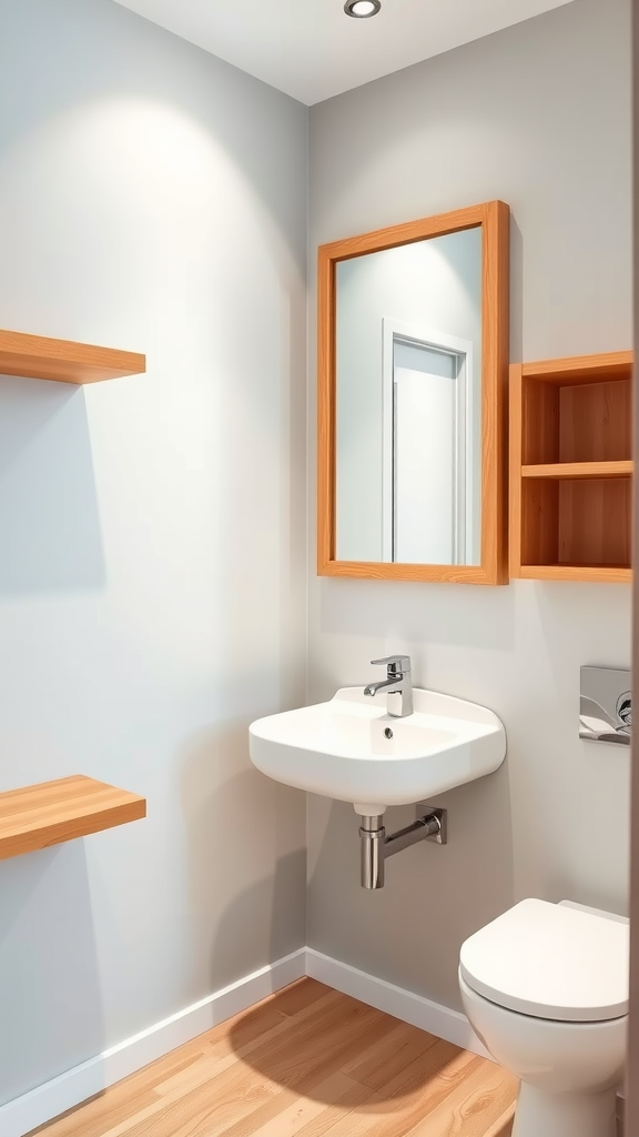 A small bathroom featuring light gray walls, wooden shelves, and a simple sink and toilet.