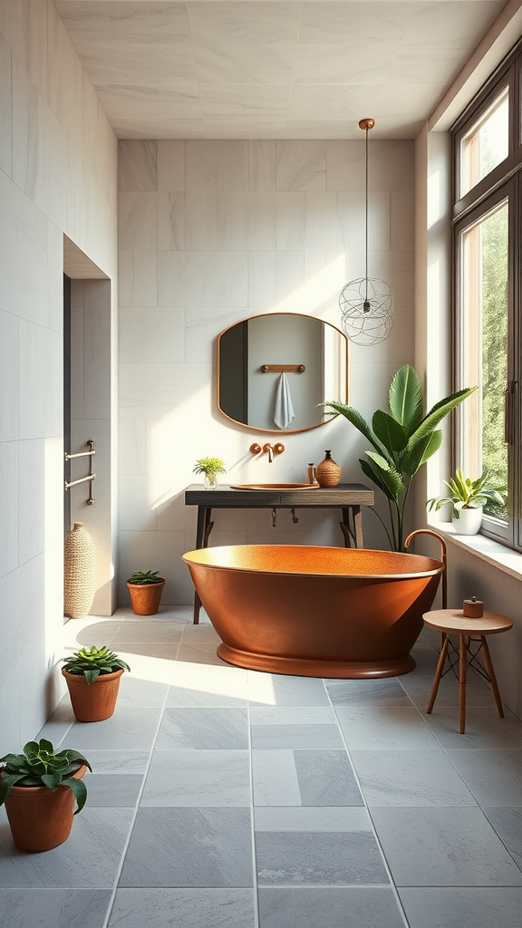 A modern bathroom featuring limestone walls, a copper bathtub, and natural light from large windows.