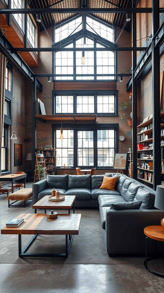 A loft-inspired industrial living room featuring a large sectional sofa, wooden and metal tables, high ceilings, and big windows.